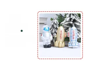Detailed view of astronaut and zeppelin Christmas ornaments with silver pearlescent finish