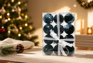 Set di 12 palline di Natale floccate verde scuro in confezione regalo trasparente