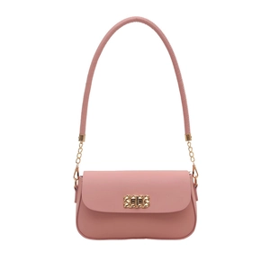 Pink faux leather crossbody bag with golden twist lock and chain strap for women