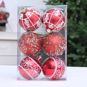 Set of 6 red Christmas ball ornaments with glitter and floral designs for tree decor