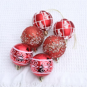 Set of 6 red and white Christmas ornaments with glitter patterns and gold hooks