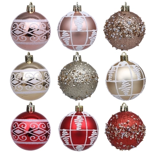 Set of 9 festive Christmas balls in red and gold with varied textures for tree decoration
