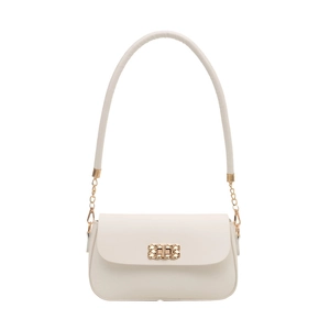 Ivory minimalist underarm bag with gold braided metal lock and leather chain strap