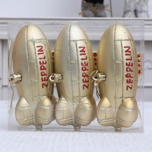 Set of 3 gold zeppelin ornaments with red glitter text for Christmas tree decoration
