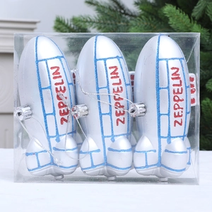 Three silver Zeppelin Christmas ornaments with glitter details in a clear display box