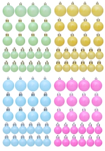 Vue de dessus d'un ensemble de 48 boules de Noël macaron en quatre couleurs pastel vives