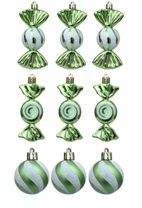 Detail von 9-teiligem grün-weißem Weihnachtsbaumschmuck in Bonbonform als Set