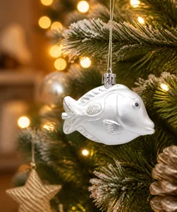 Détail d'une décoration de Noël en forme de poisson avec fini perlé et paillettes dorées