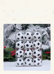 Set of 12 black and white soccer ball Christmas ornaments in a clear gift box