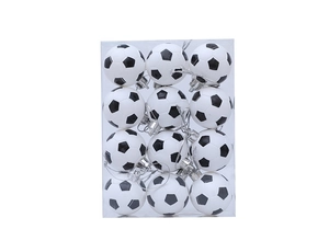 Detail of 12-pack soccer ball Christmas ornaments with silver strings in clear packaging
