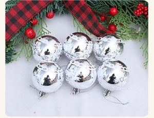 Detailed view of silver electroplated Christmas balls with white snowflake patterns