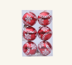 Close-up of six red Christmas ornaments with white snowflake patterns in transparent box