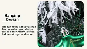 Detail of star-shaped green Christmas ornament hanging on snowy pine branch with hook