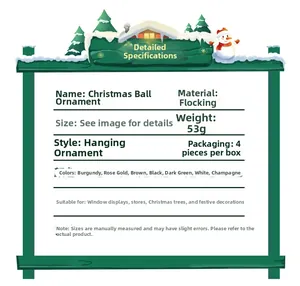 Detail specifications for 6cm flocked Christmas balls showing weights and colors available