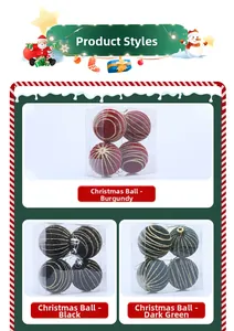 Detail of 6cm flocked Christmas balls with gold glitter stripes in burgundy, black, and green