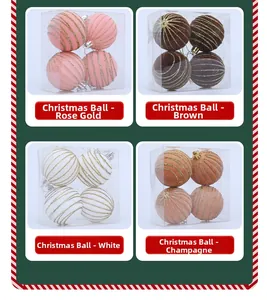 Detail view of 6cm flocked Christmas balls with glitter stripes in a 4-pack gift box