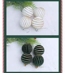 Detail of 6cm flocked Christmas balls with gold glitter stripes and hanging loops