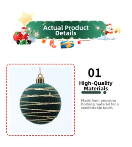 Detail of 6cm forest green flocked Christmas ball with elegant gold glitter striped texture