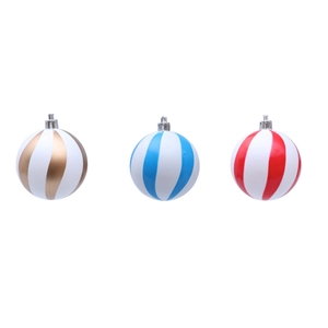 Set de tres bolas de Navidad a rayas en dorado, azul y rojo con enganches plateados