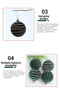 Detail of velvet Christmas ornaments with gold glitter stripes and hanging strings