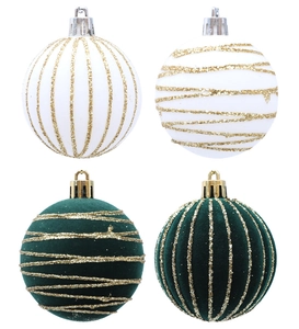 Detail of 6cm flocked Christmas balls with golden glitter stripes and hanging loops