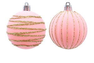 Detail of pink Christmas balls with glitter gold stripes and silver hanging caps