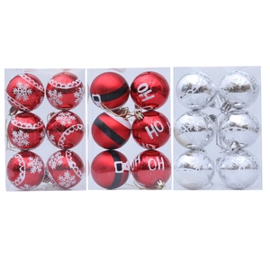 Set of 18 hand-painted Christmas ball ornaments with snowflake and Santa belt designs