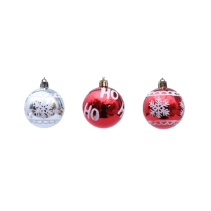 Three hand-painted Christmas balls in red and silver featuring snowflakes and HO HO text