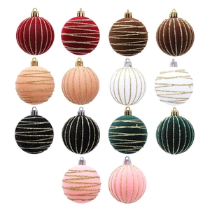 Flocked Christmas Ball Ornaments With Gold Glitter Stripes For Xmas Tree Decor Velvet Holiday Hanging Pendants Ornaments