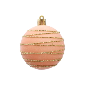6cm peach velvet Christmas ball with gold glitter swirls for festive tree decoration