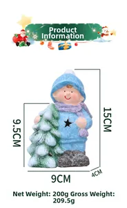 Detailed view of Christmas boy figurine in blue outfit with snowy tree and dimensions