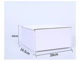 Detail view of white corrugated packaging box showing dimensions 20cm x 10.5cm x 14cm