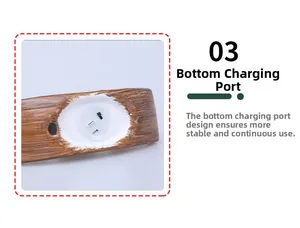 Detail of wood grain night light featuring a bottom charging port and micro switch