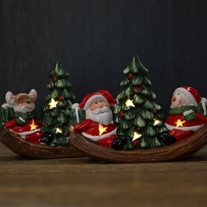 Luminous Ceramic Christmas Boat Ornament With LED Light Santa Snowman Reindeer Pattern Rocking Base Festive Desktop Decor