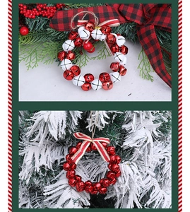 Close-up of festive Christmas tree bell wreath with red and white ribbons for party decor