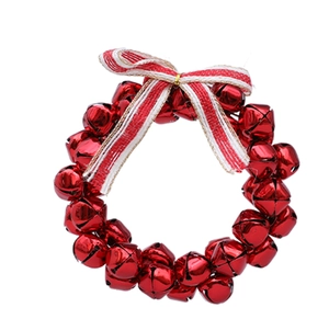 Detailed view of a red Christmas bell wreath with a striped bow for holiday home decoration