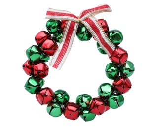 Detailed view of festive Christmas bell wreath with red and green bells and ribbon bow