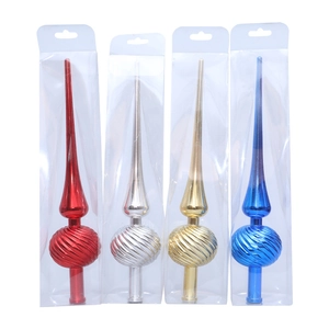 Set of four colorful electroplated Christmas tree toppers in red, silver, gold, and blue
