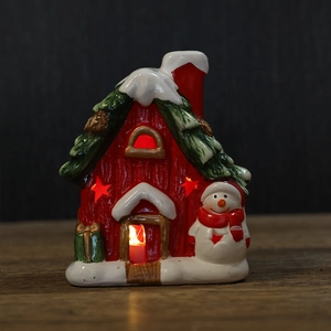 Casa de Navidad de cerámica con luz LED y muñeco de nieve para decoración festiva del hogar