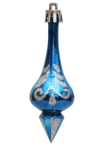 Detail of blue electroplated Christmas drop ornament with silver glitter wave patterns
