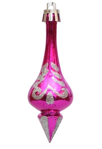 Close-up of pink electroplated teardrop Christmas ornament with silver glitter patterns