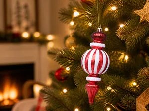 Detailaufnahme rot-weiß gestreifter Weihnachtskanhänger an einem verschneiten Baum