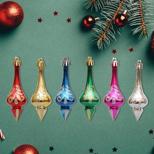 Set of 6 colorful teardrop Christmas ornaments with glitter patterns for festive decoration