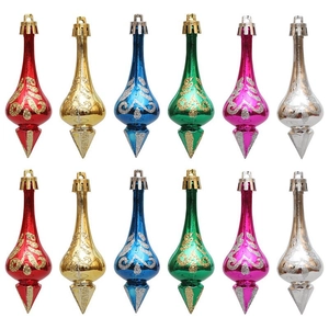 Set of 12 colorful electroplated Christmas finial ornaments with glitter patterns