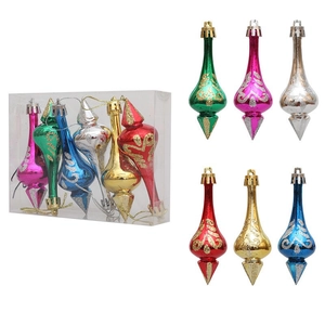 Set of 6 colorful Christmas drop ornaments with glitter patterns and hanging strings