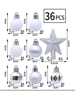 Detailed size chart for 36pcs Christmas ball set including tree topper star and ornaments