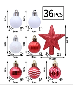 Detailed grid of 36pcs red and white Christmas tree ornaments including star topper