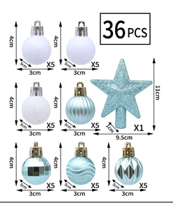 Detailed dimension chart for 36-piece Christmas ball set with glitter star topper