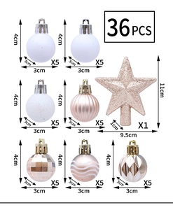 Detailed overview of 36 Christmas ornaments set including tree topper and textured balls