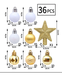 Detailed size specifications for 36-piece gold and white Christmas ball set with star topper